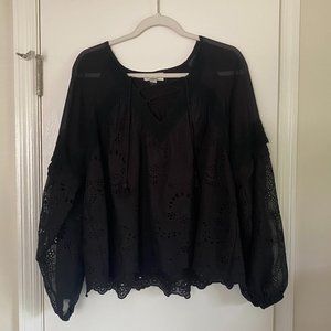 Allison New York Black Eyelet Lace Up Long Sleeve Top, Size M